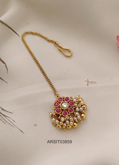 Red Stone Pendant with Chain Maang tikka