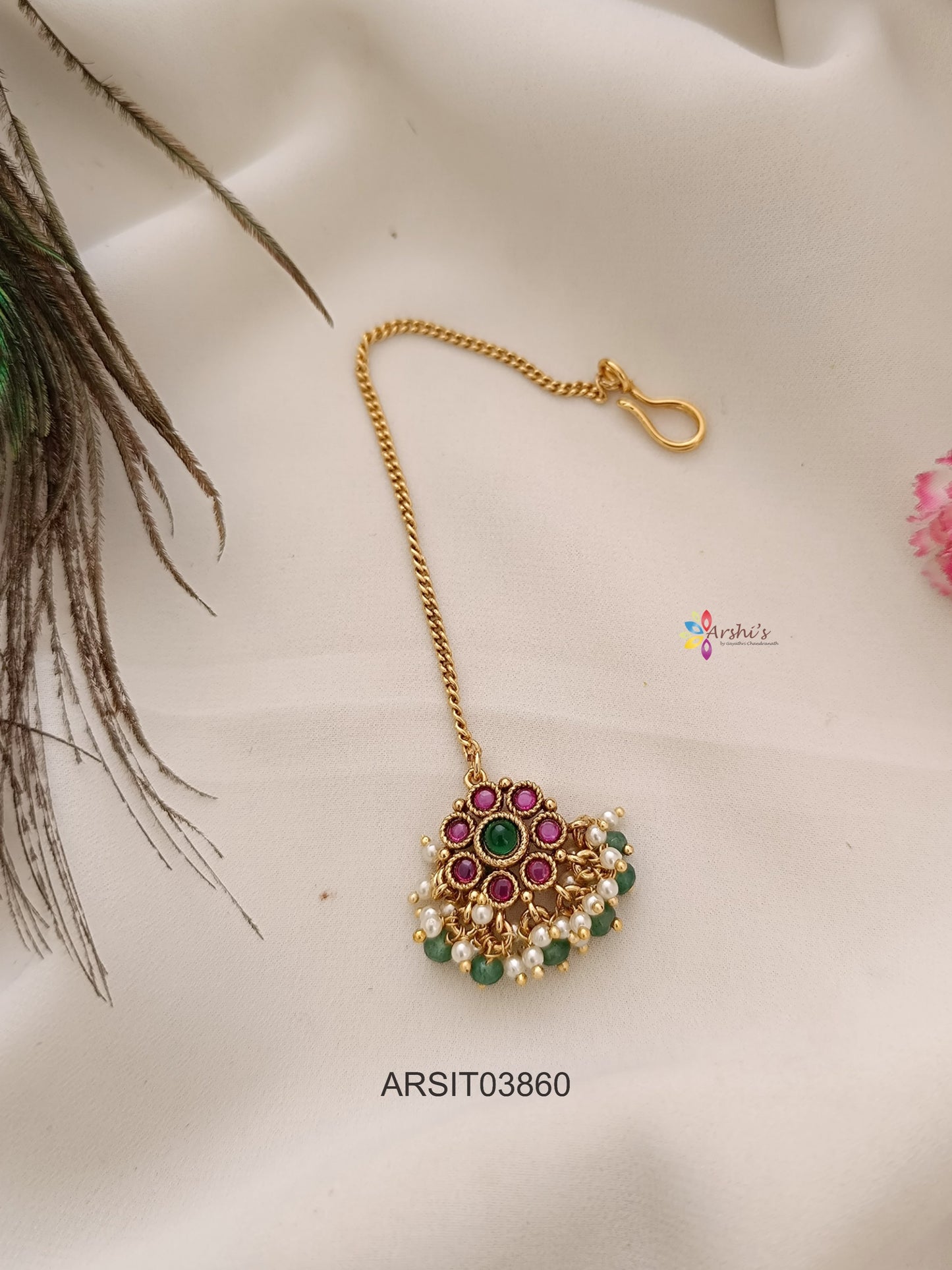 Red and Green Stone Pendant with Chain Maang tikka