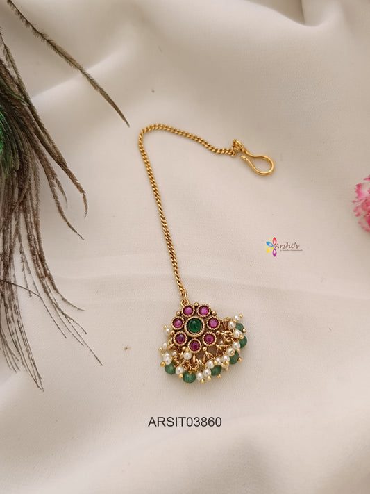 Red and Green Stone Pendant with Chain Maang tikka
