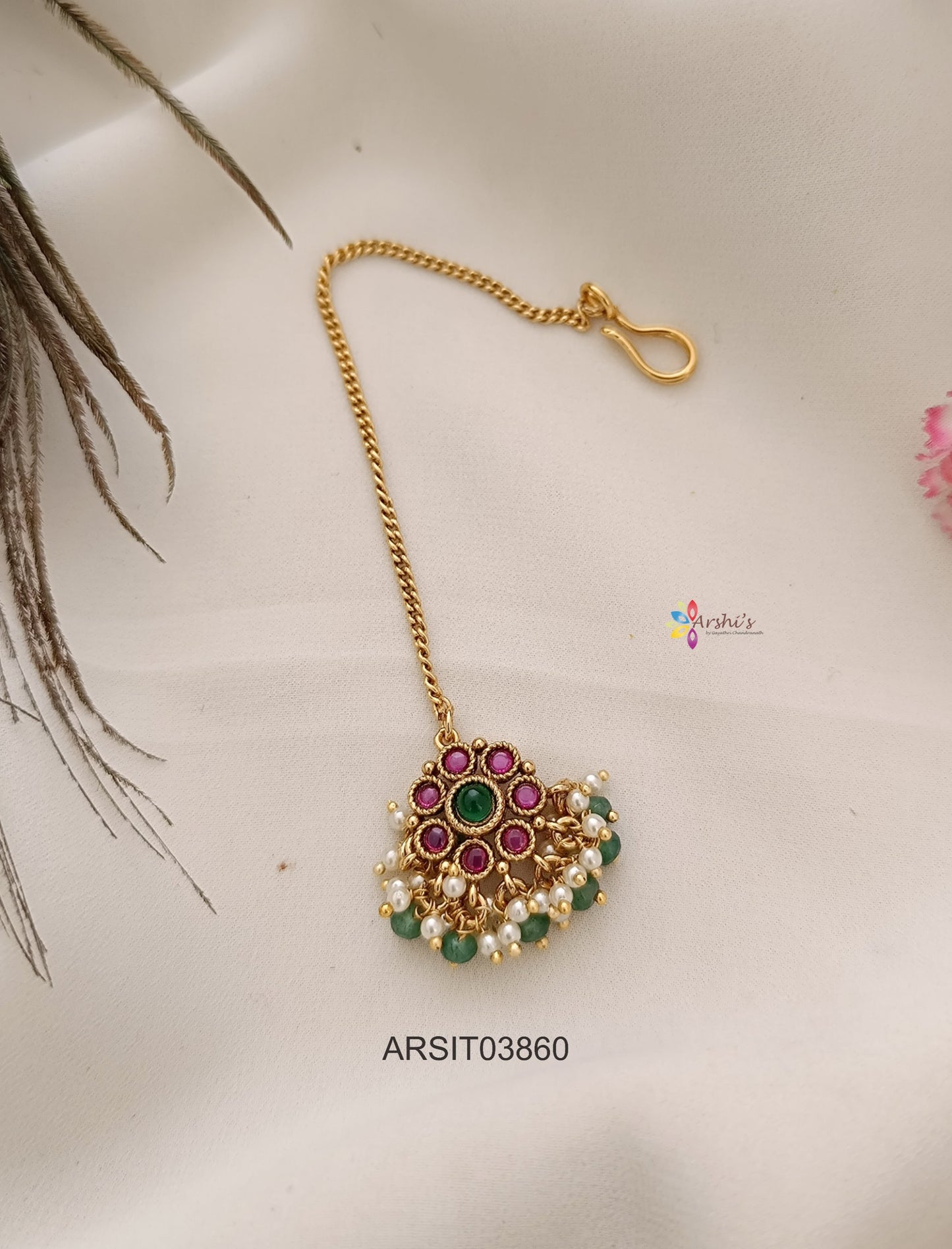 Red and Green Stone Pendant with Chain Maang tikka
