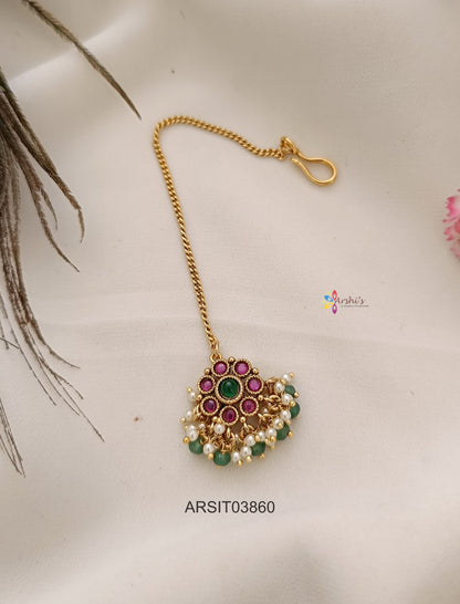 Red and Green Stone Pendant with Chain Maang tikka