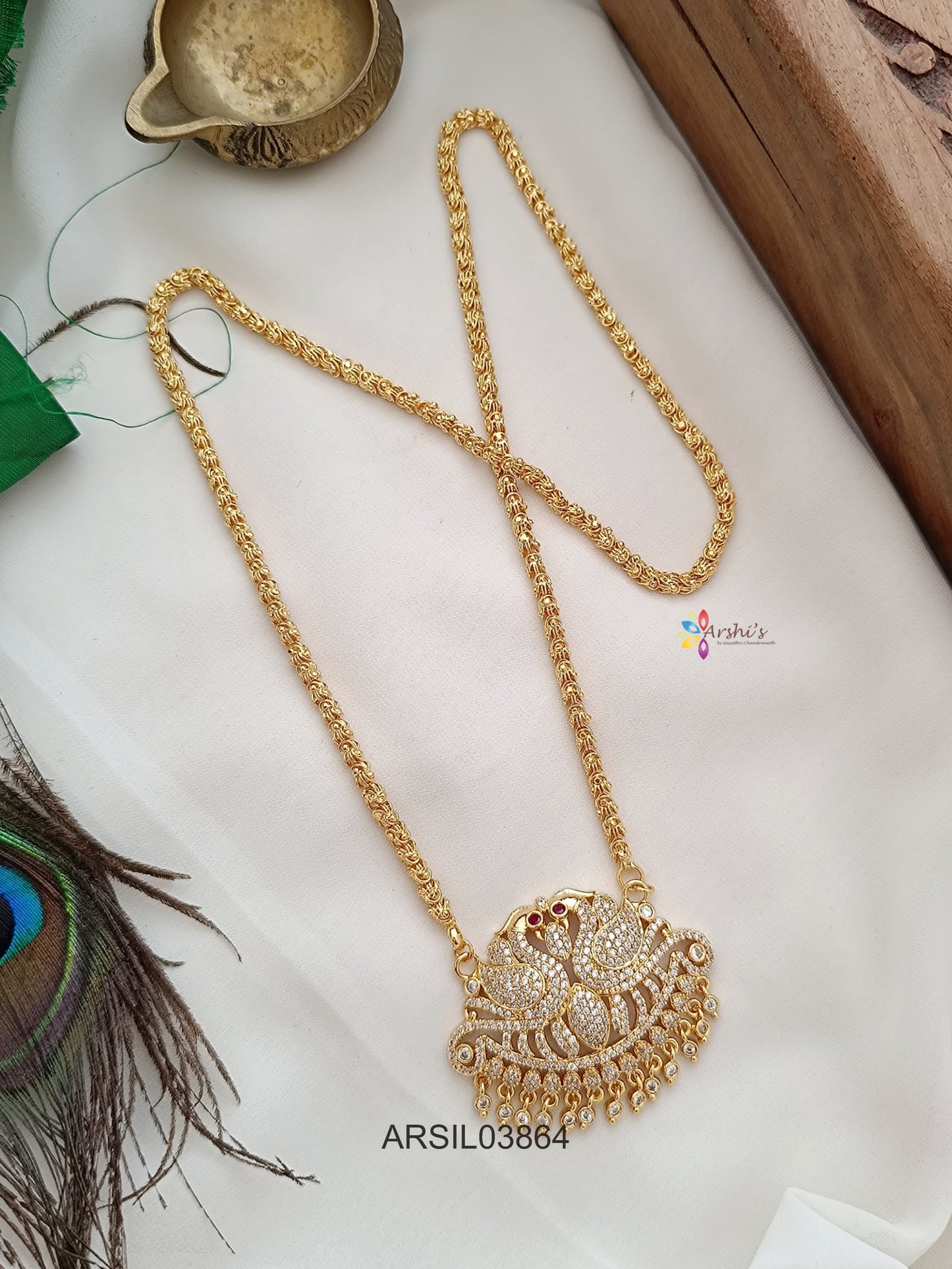 Vintage  Dual Peacock White Stone Pendant Long Haram