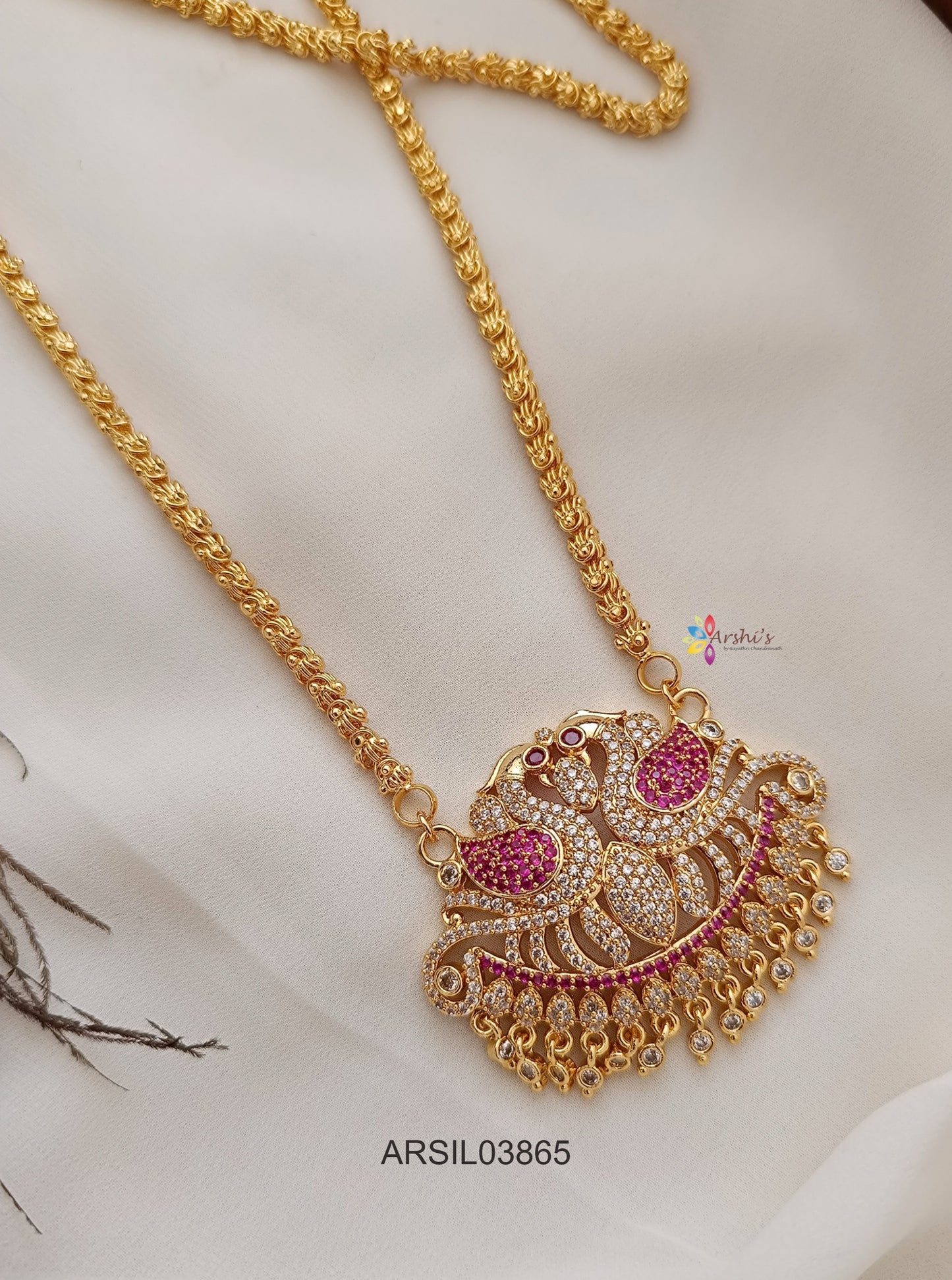 Dual Peacock White and Red Stone Pendant Long Haram