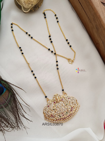 Lakshmi White Stone Pendant with Black Bead Chain Long Haram