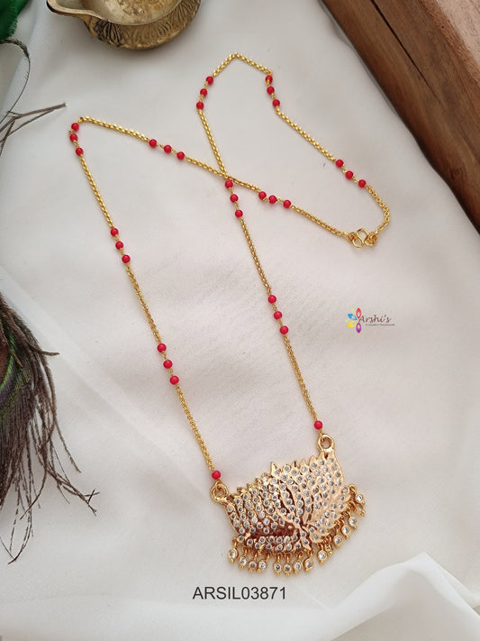 Lakshmi White Stone Pendant with Coral Bead Chain Long Haram