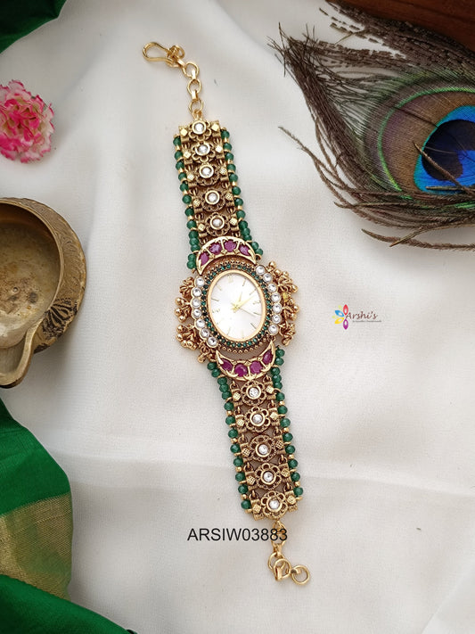 Floral Kundan Green Bead Watch