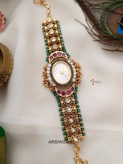 Floral Kundan Green Bead Watch
