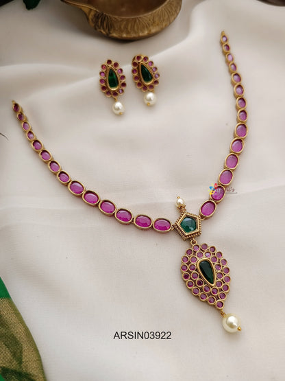 Ruby and Green Stone Perl Drop Necklace