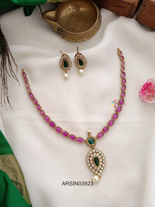 Ruby Green and White Stone Perl Drop Necklace