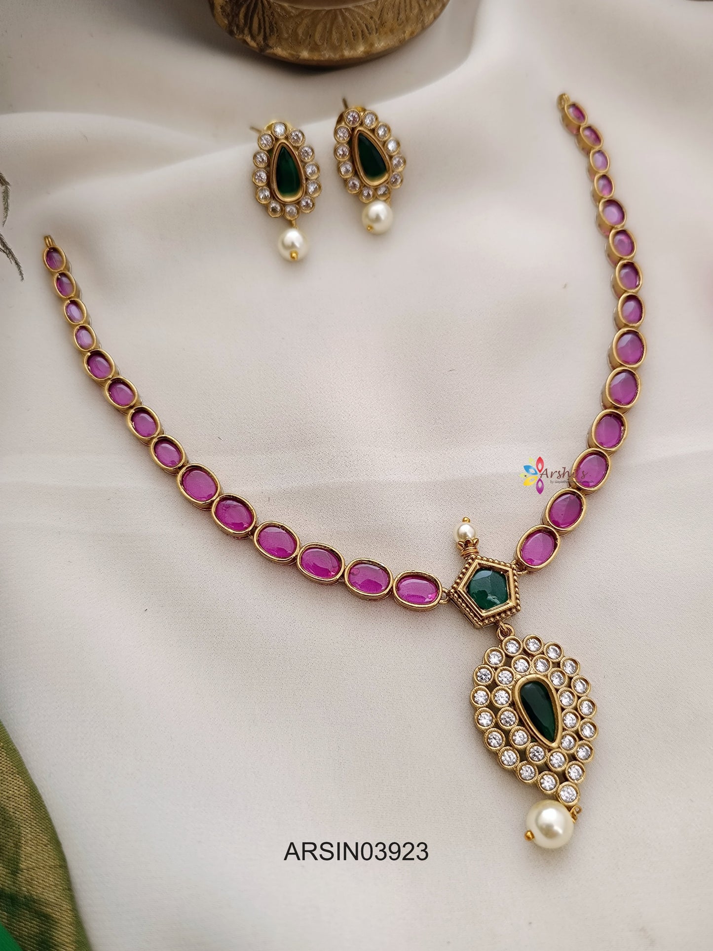 Ruby Green and White Stone Perl Drop Necklace