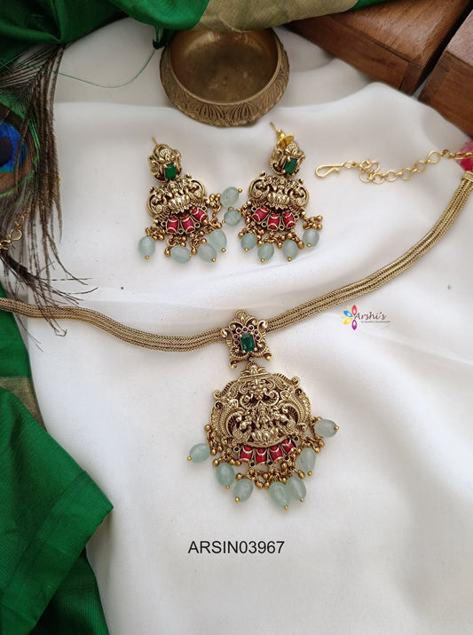 Lakshmi Pendant Pale Green Bead Attigai Necklace