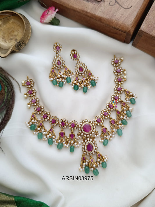 Ruby Stone Peal and Green Drops Necklace