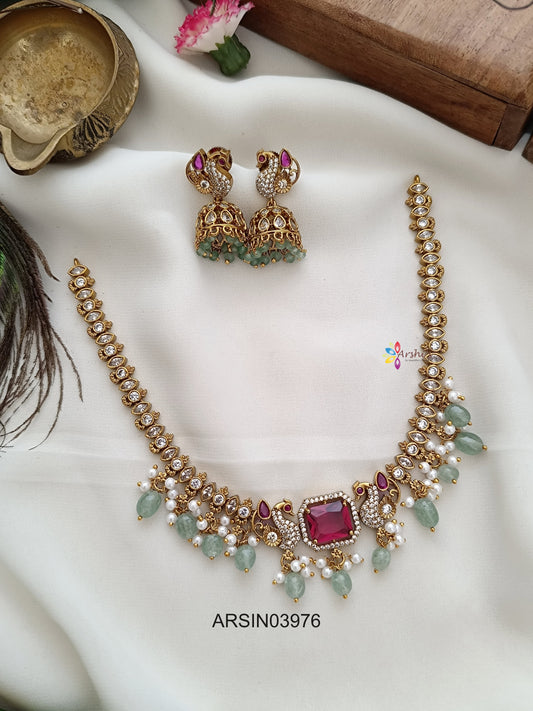Ruby Stone Pale Green Drops Necklace
