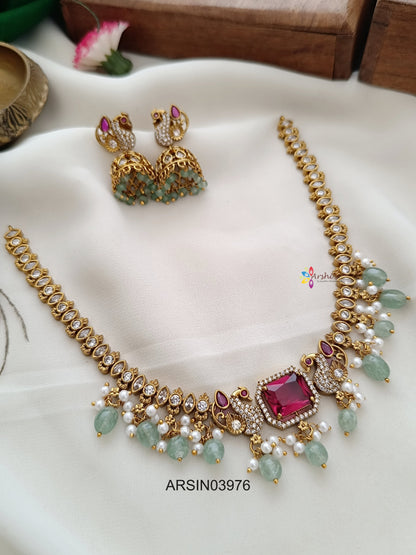 Ruby Stone Pale Green Drops Necklace