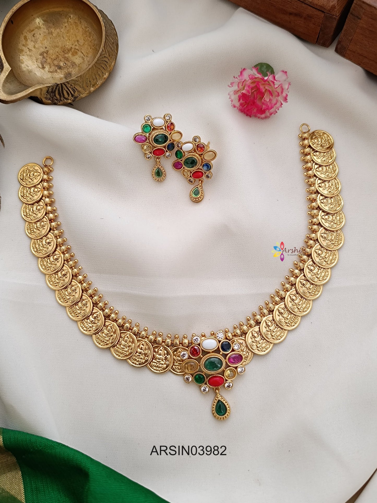 Lakshmi Coin Navarathna Stone Pendant Necklace