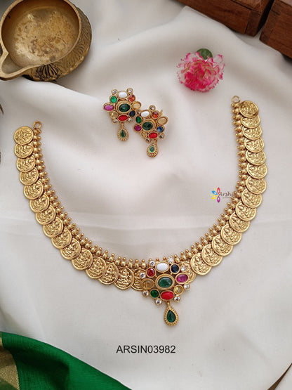 Lakshmi Coin Navarathna Stone Pendant Necklace