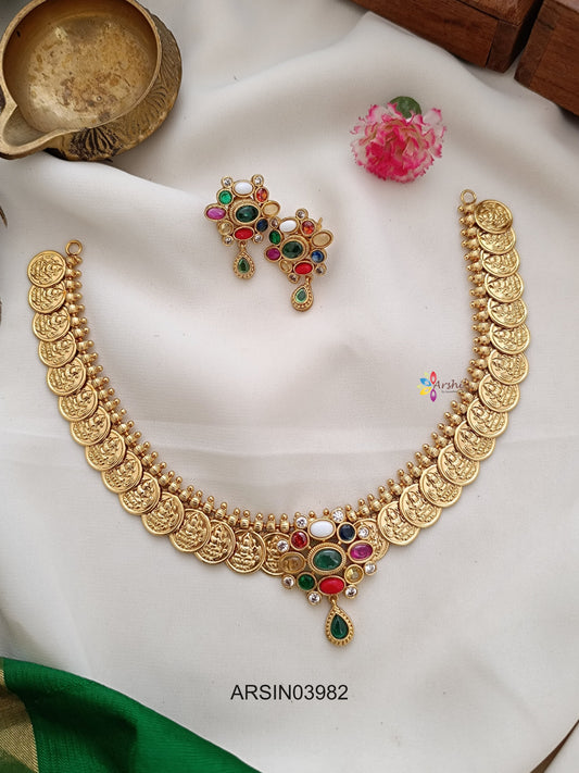 Lakshmi Coin Navarathna Stone Pendant Necklace