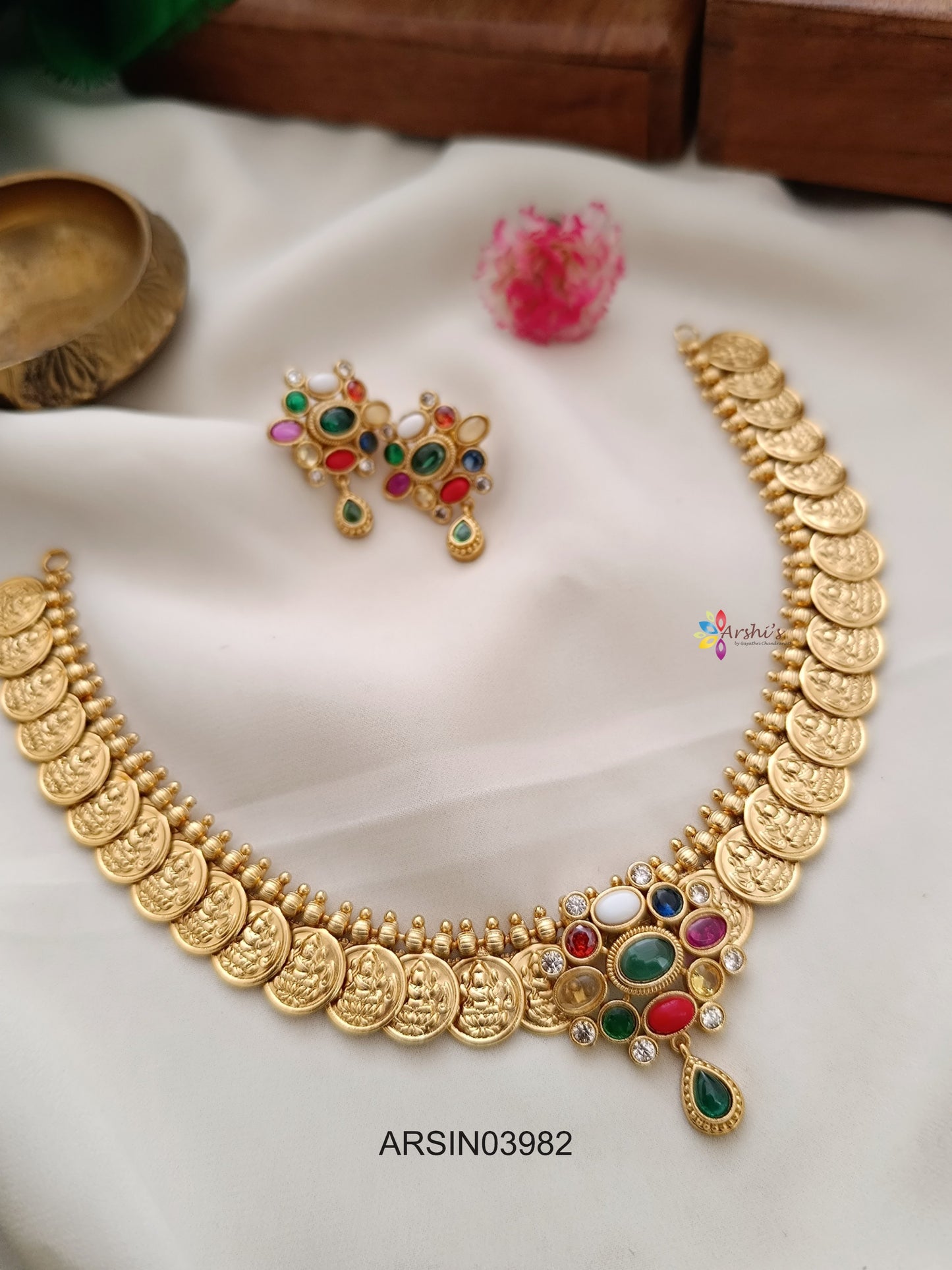Lakshmi Coin Navarathna Stone Pendant Necklace