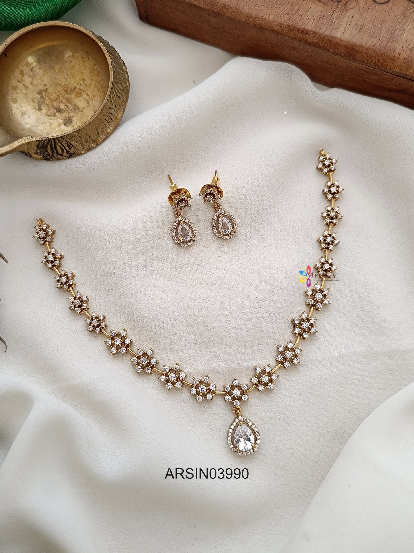 Flower AD Stone Tear Drop Necklace