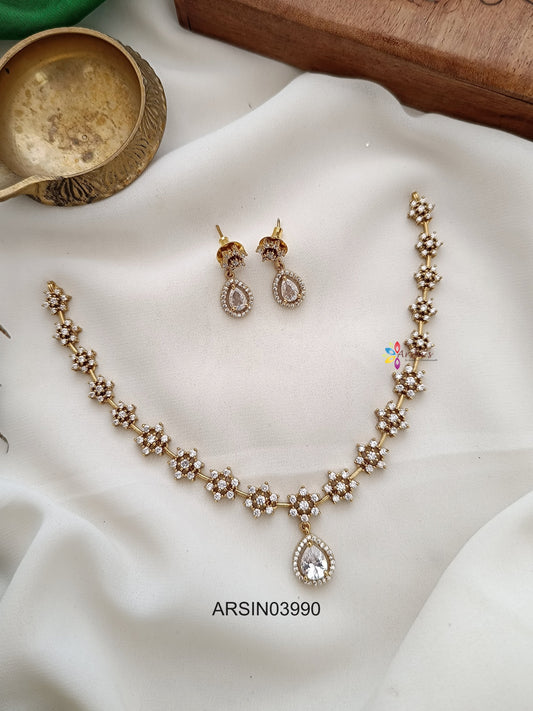Flower AD Stone Tear Drop Necklace