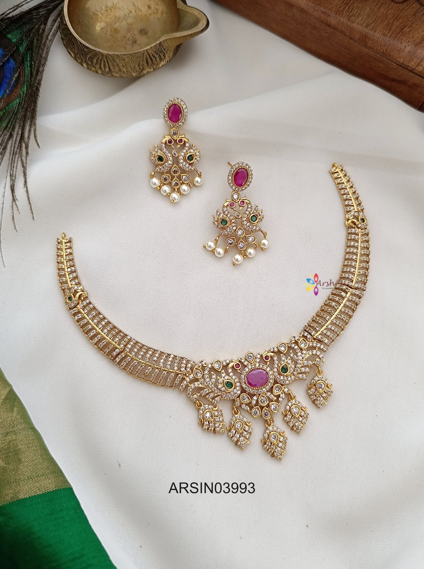 CZ Stone Peacock with Ruby Pendant Necklace