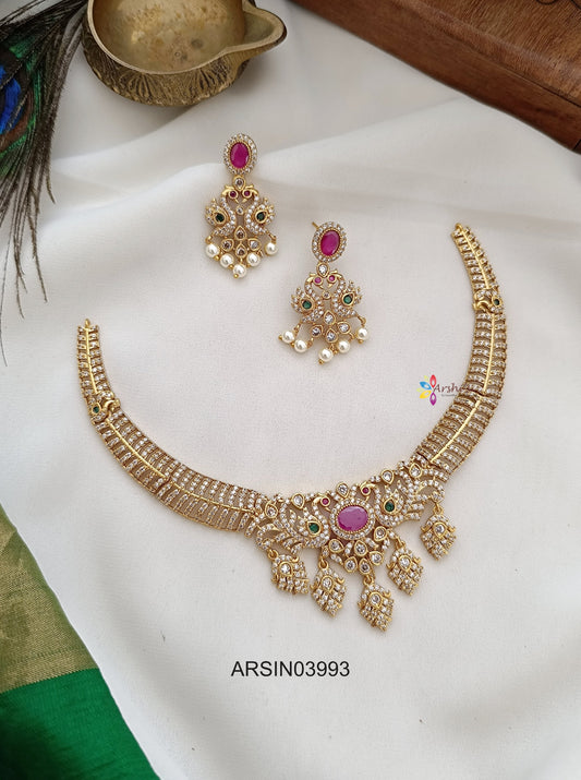 CZ Stone Peacock with Ruby Pendant Necklace