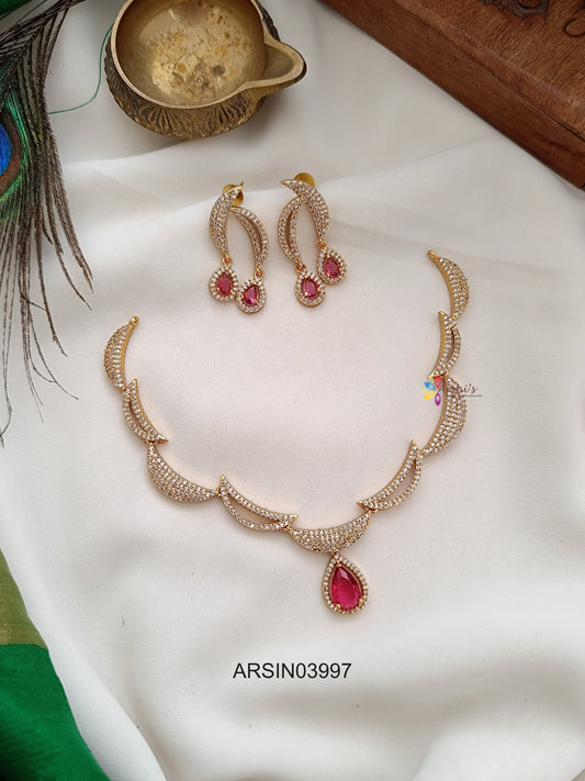 AD White Stone Ruby Tear Drop Necklace