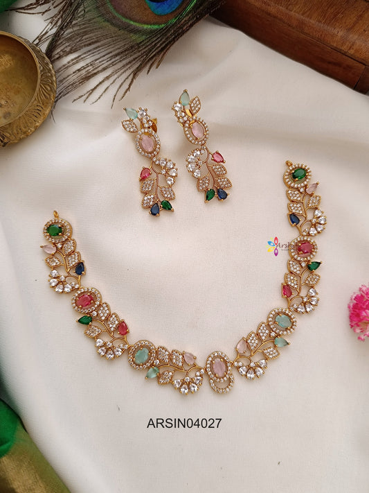 Multi Color and Leaf White Stone Necklace