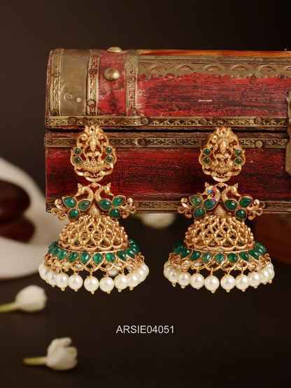 Lakshmi Green Stone Pearl Drops Jhumka
