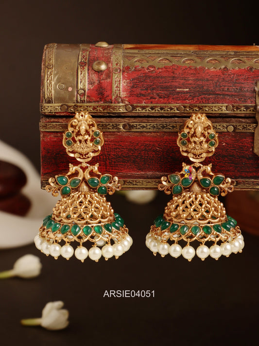 Lakshmi Green Stone Pearl Drops Jhumka