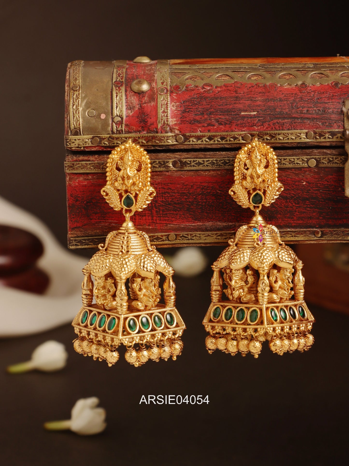 Heavy Bridal Ganesha Green Stone Jhumka