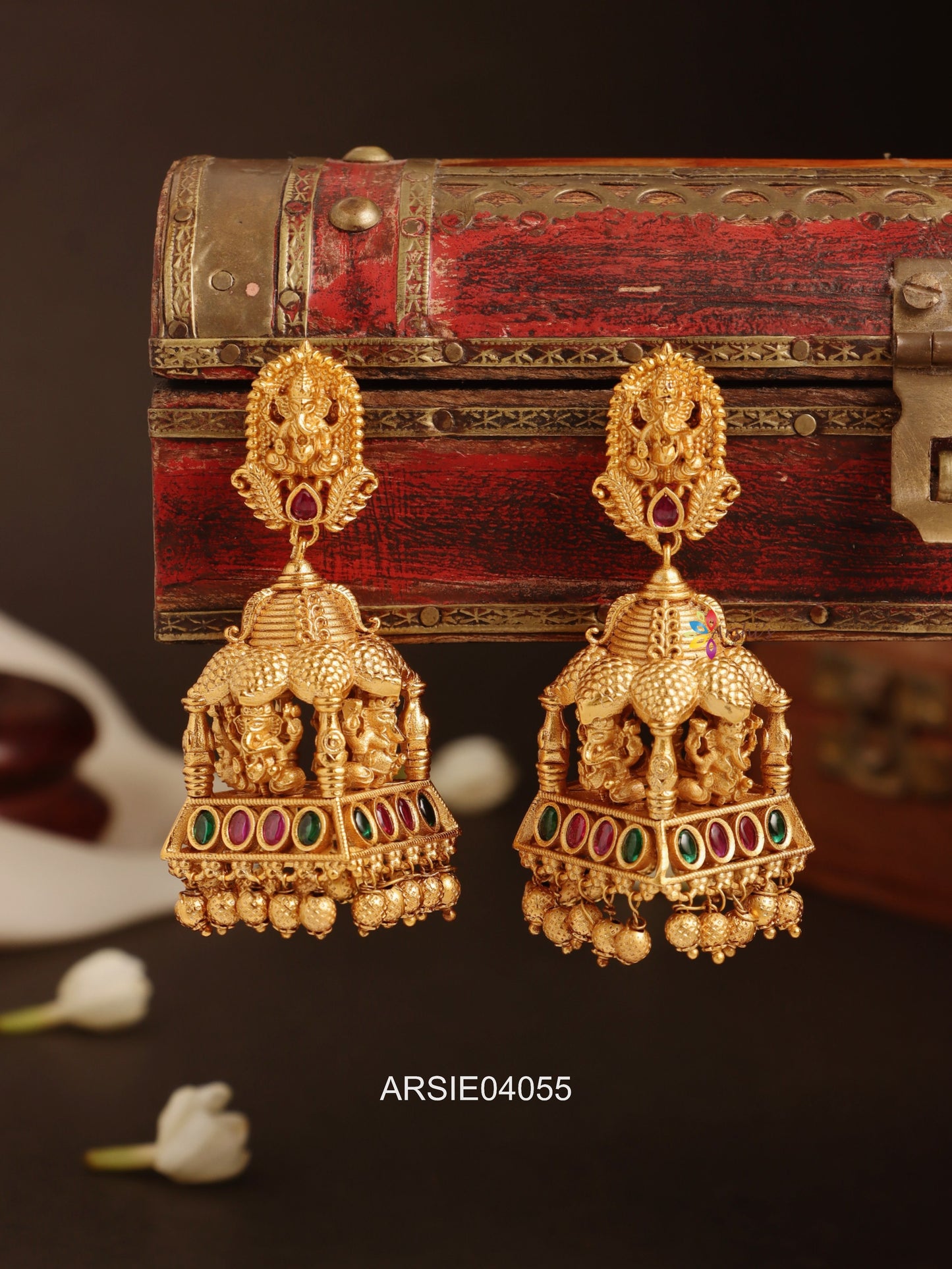 Heavy Bridal Ganesha Red and Green Stone Jhumka