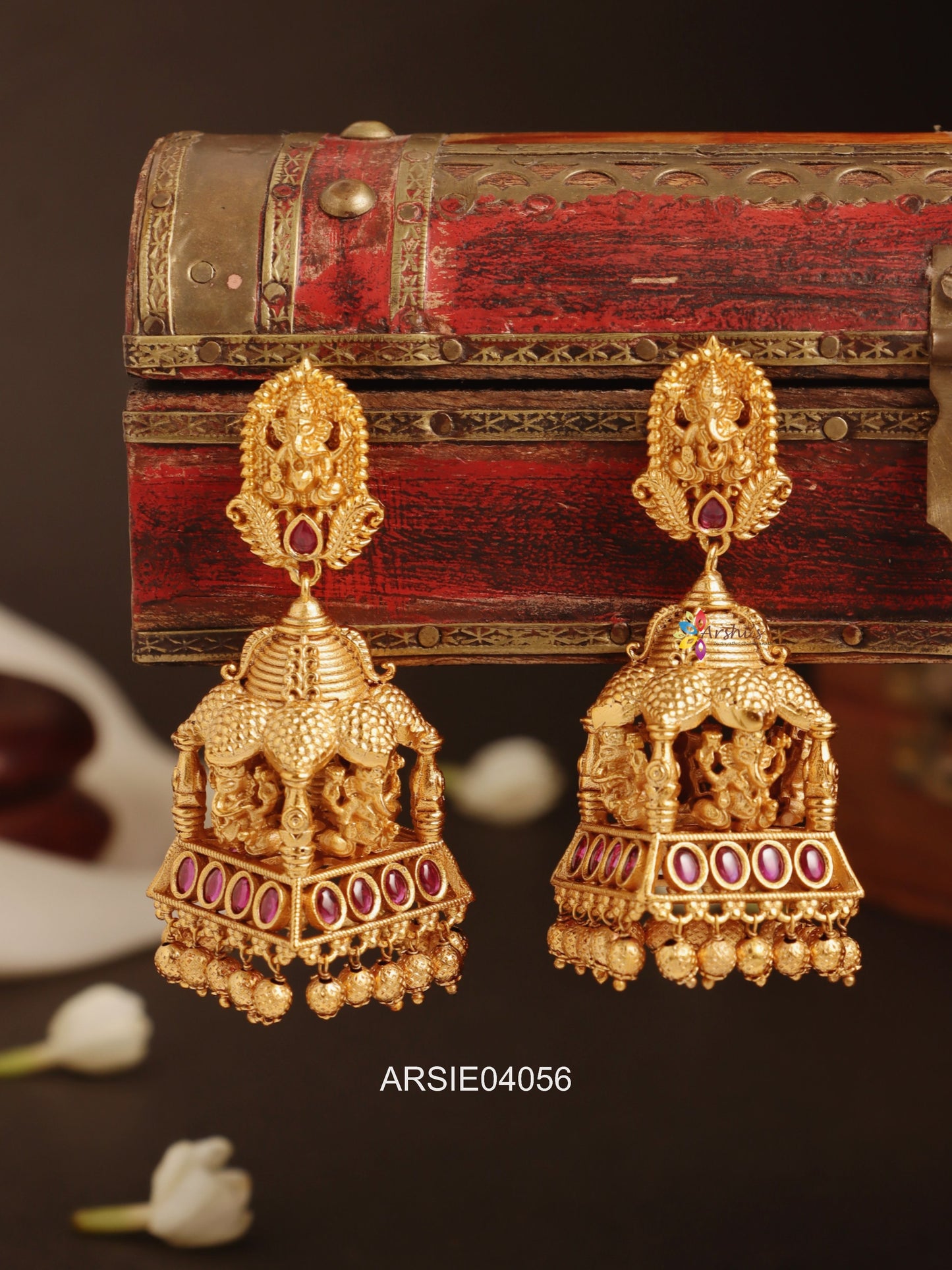 Heavy Bridal Ganesha Red Stone Jhumka