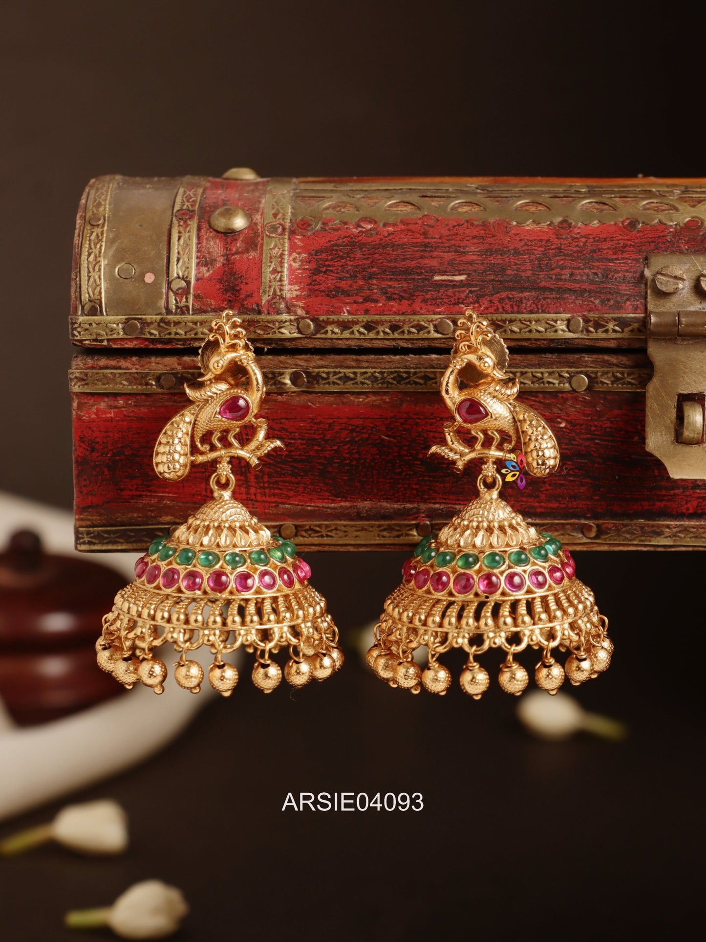 Peacock Red and Green Stone Jhumka