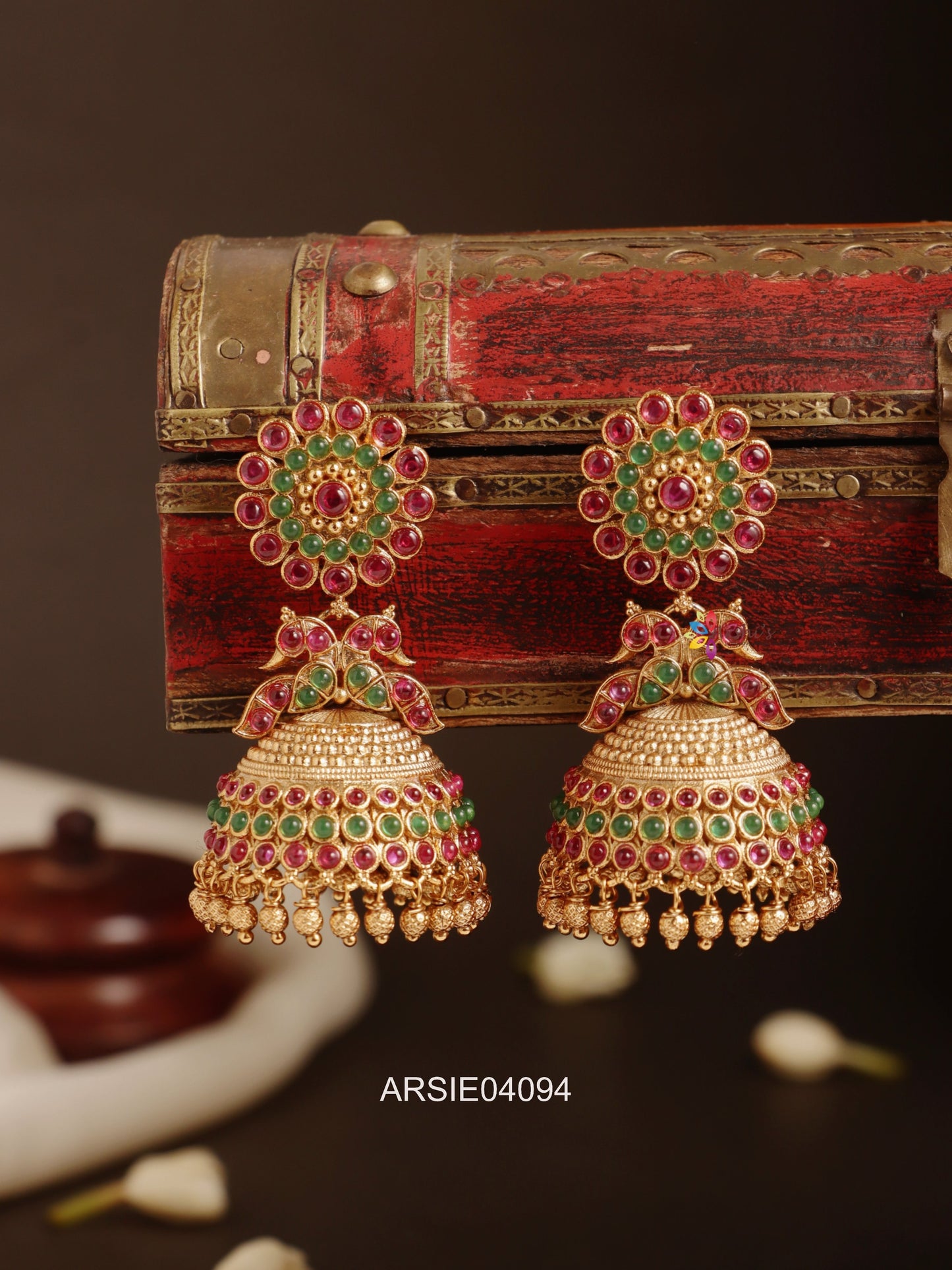 Flower Peacock Red and Green Stone Jhumka