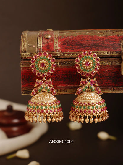 Flower Peacock Red and Green Stone Jhumka