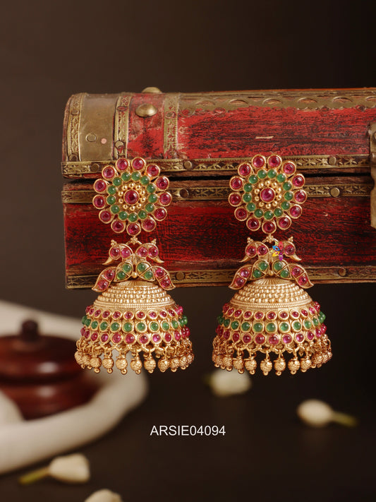 Flower Peacock Red and Green Stone Jhumka