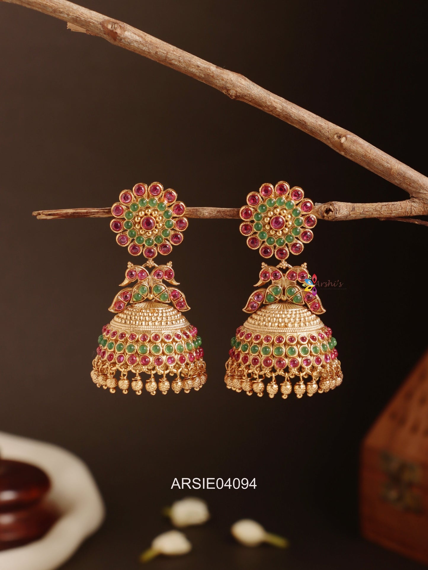 Flower Peacock Red and Green Stone Jhumka