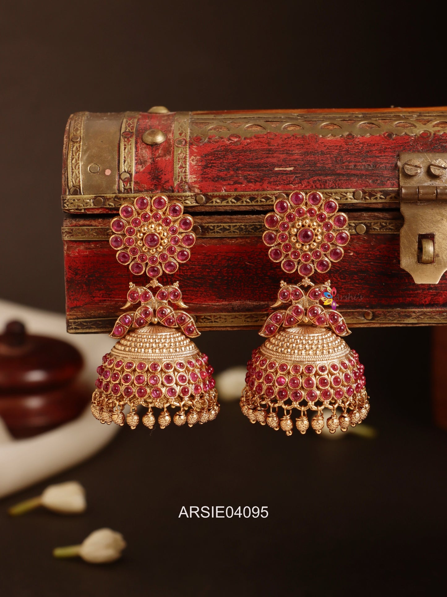 Flower Peacock Red Stone Jhumka