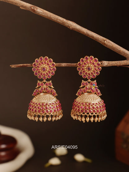 Flower Peacock Red Stone Jhumka