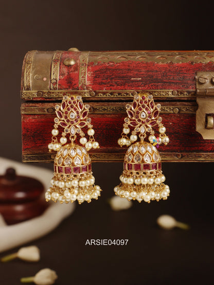 Lotus Red Stone Pear Drop Jhumka