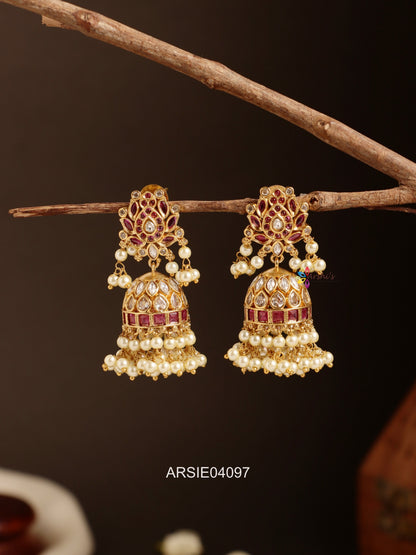 Lotus Red Stone Pear Drop Jhumka