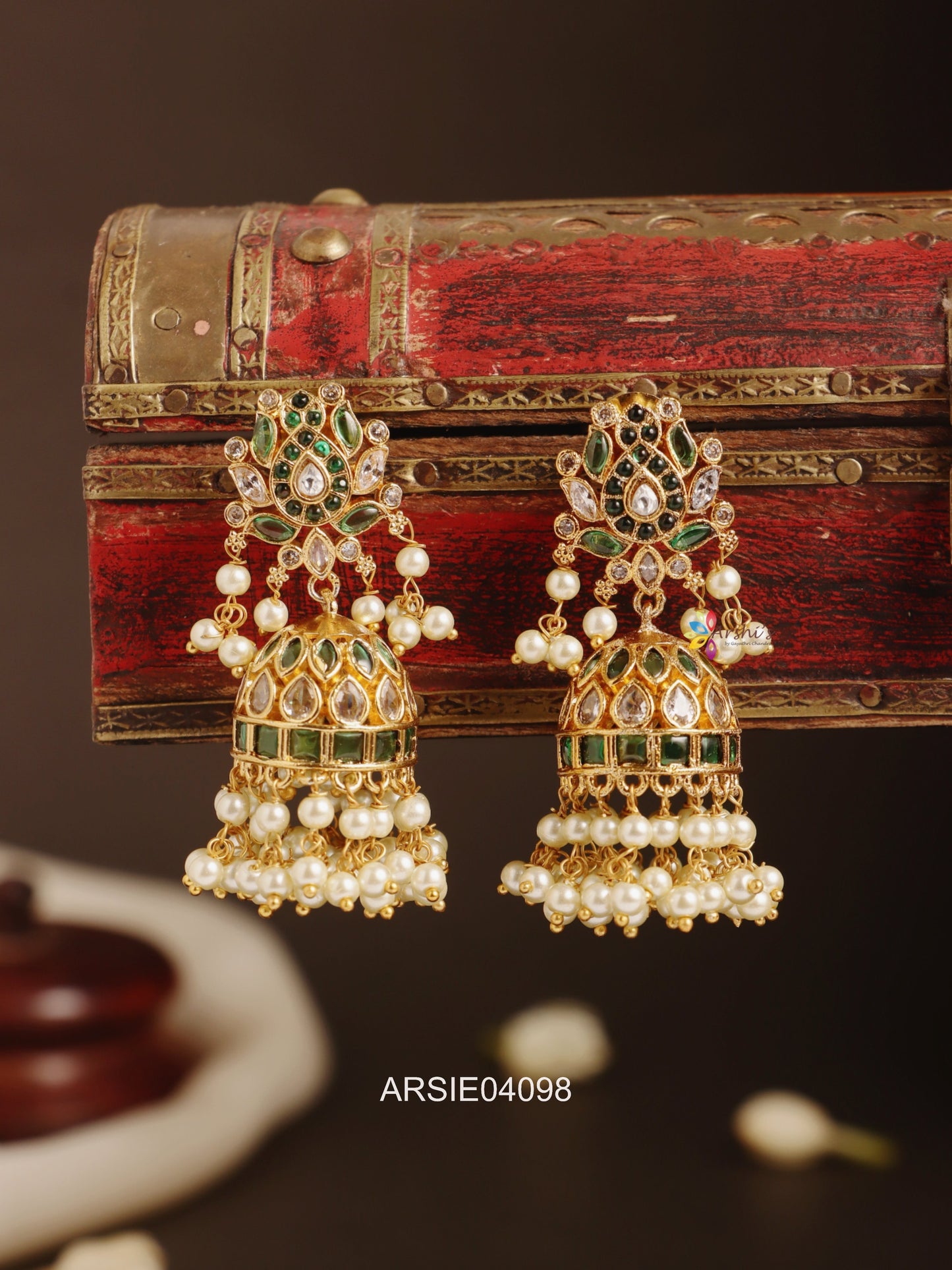 Lotus Green Stone Pear Drop Jhumka