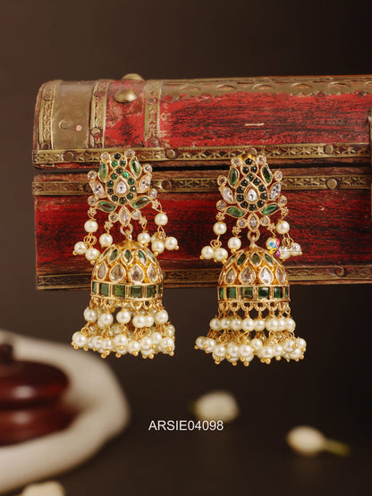 Lotus Green Stone Pear Drop Jhumka