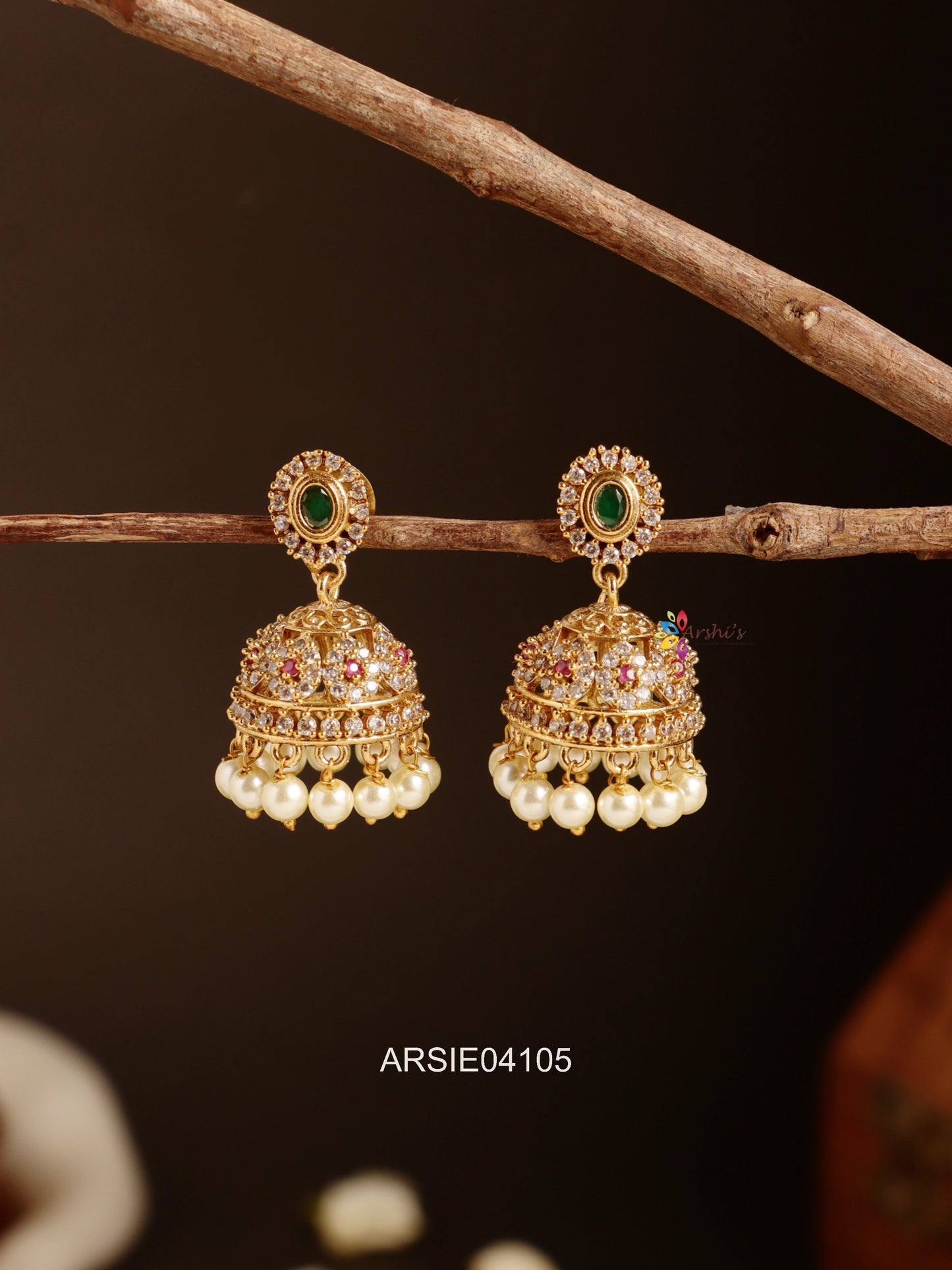 Emerald and White Stone Jhumka