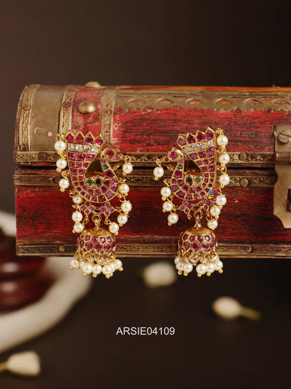 Peacock Kemp Pearl Drop Jhumka