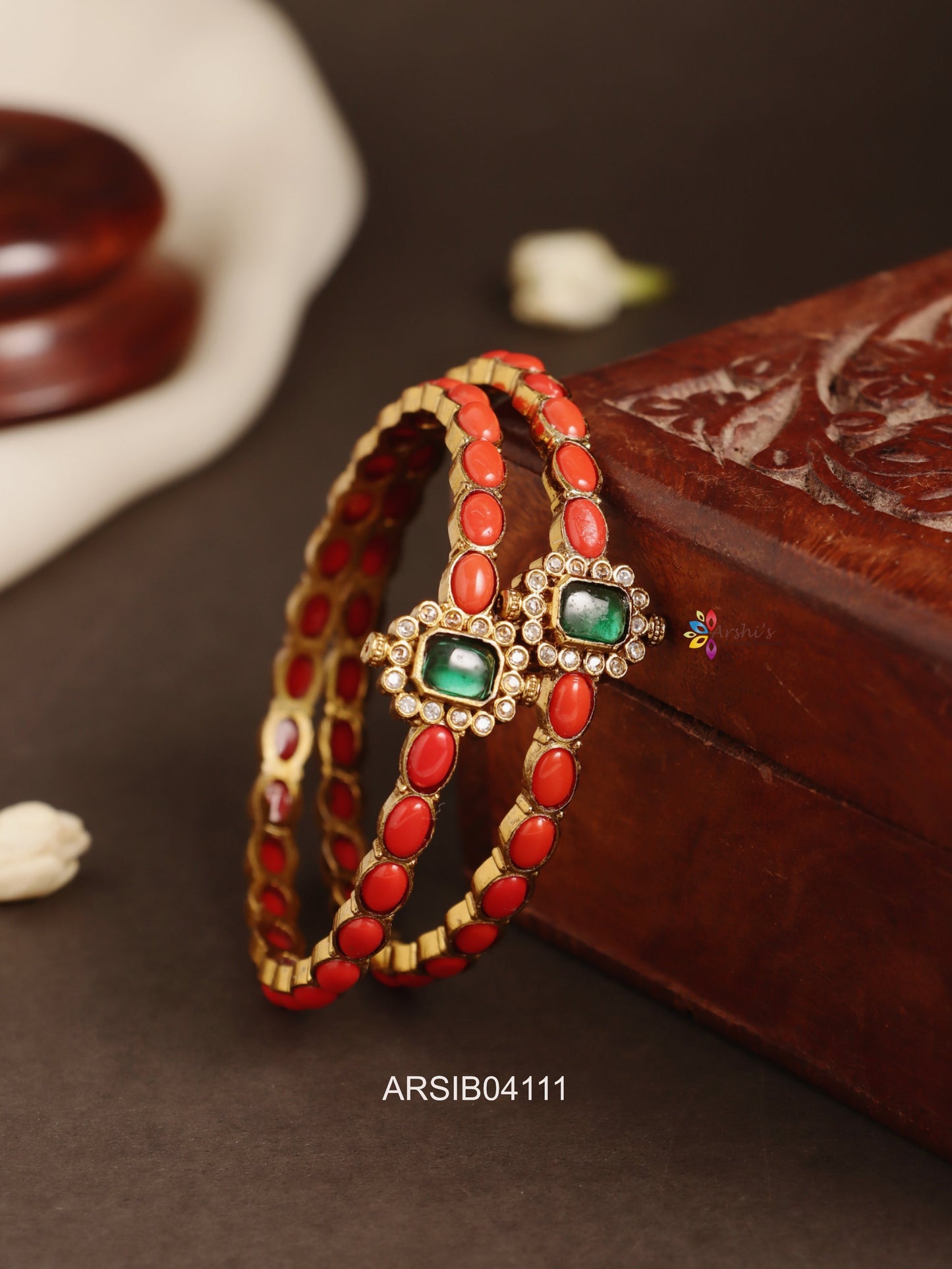 Coral and Emerald Bangles