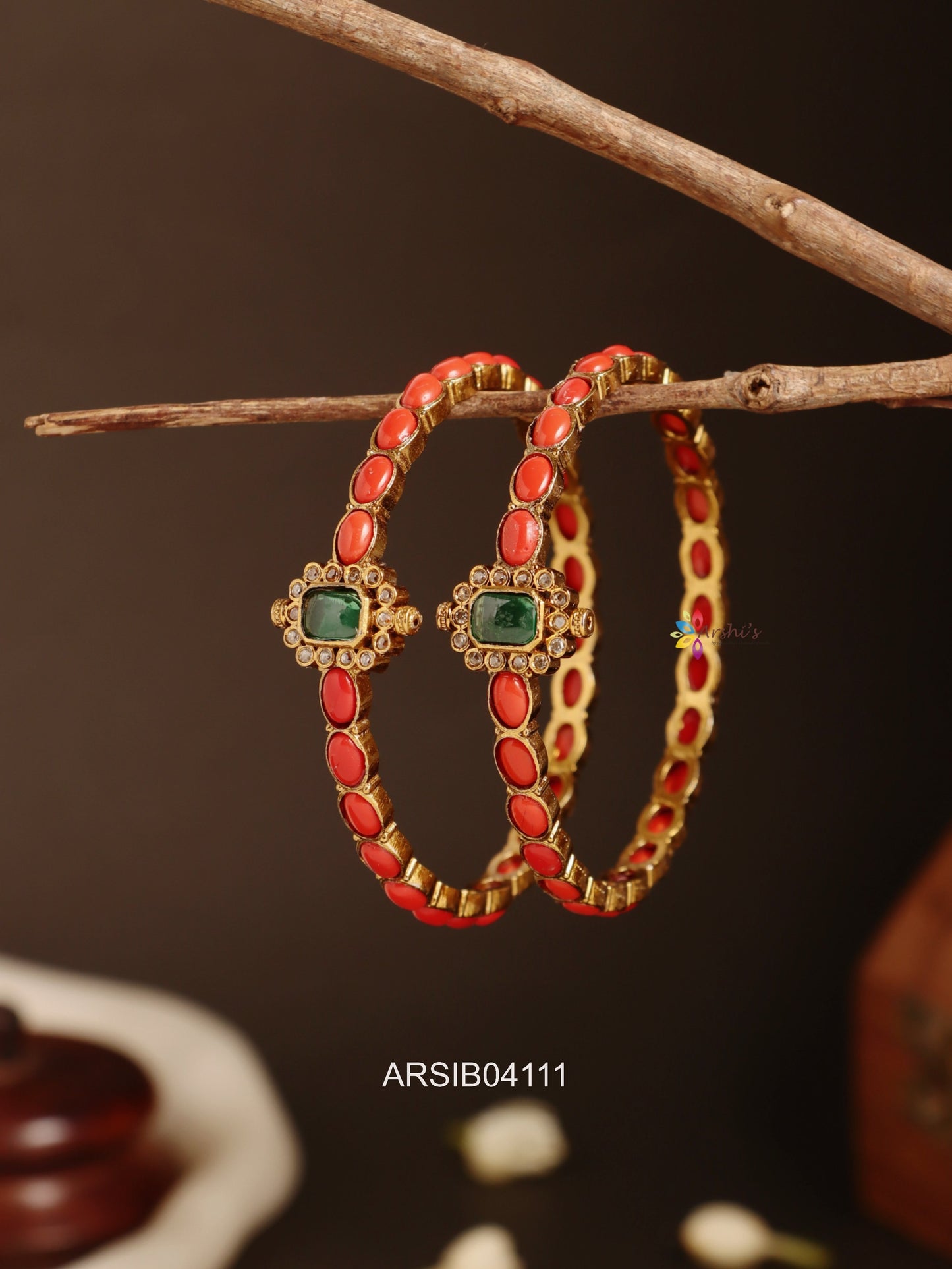 Coral and Emerald Bangles