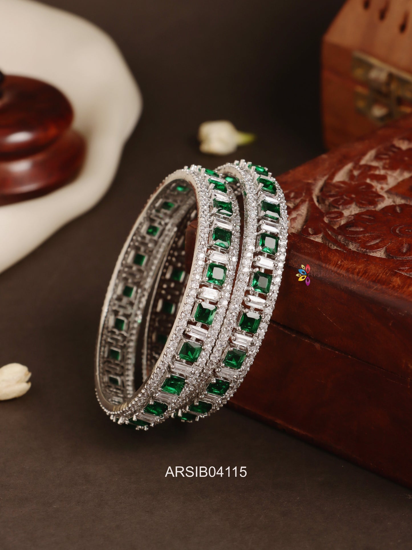 Rhodium Polish Emerald AD Stone Bangles