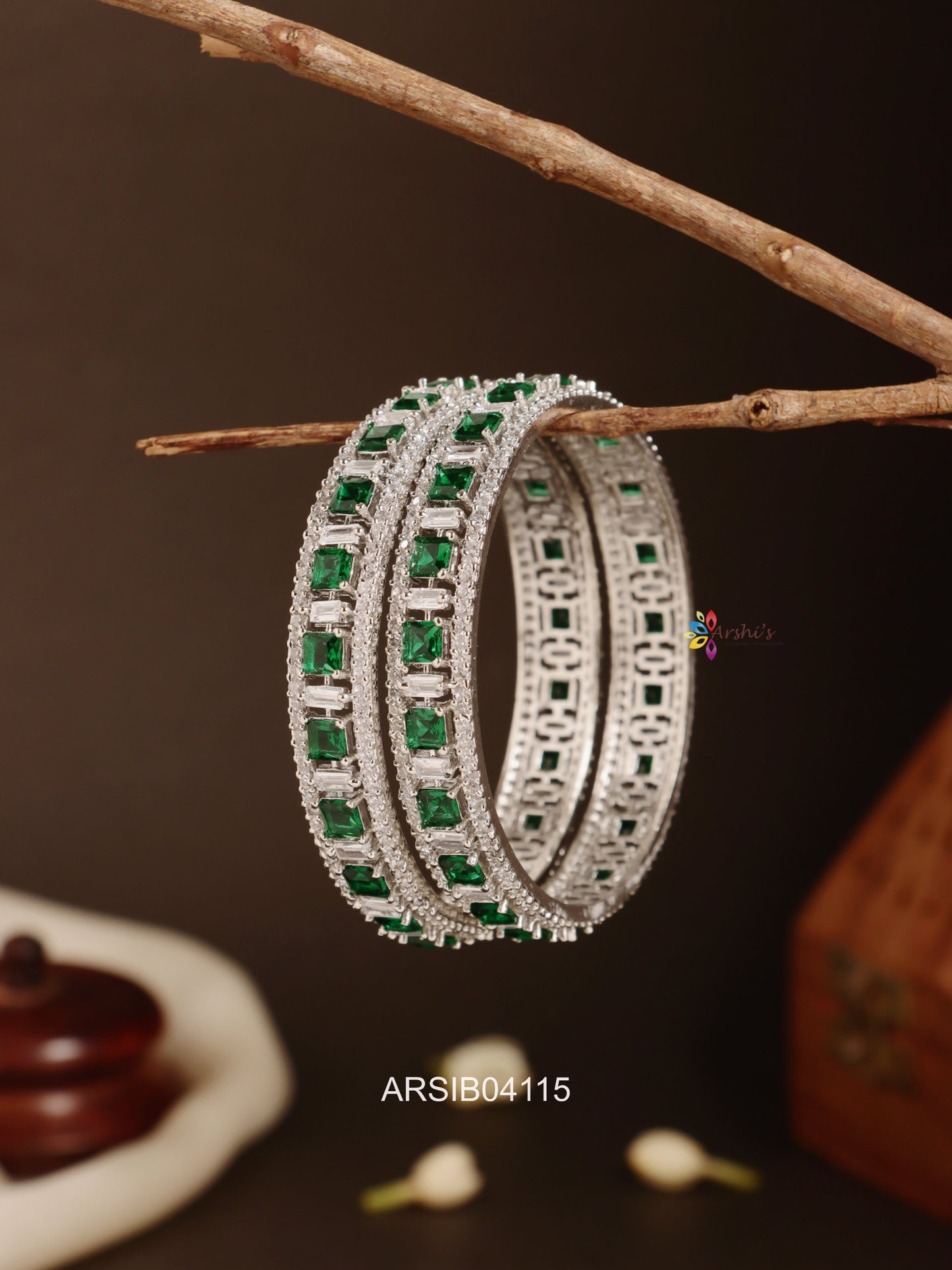 Rhodium Polish Emerald AD Stone Bangles
